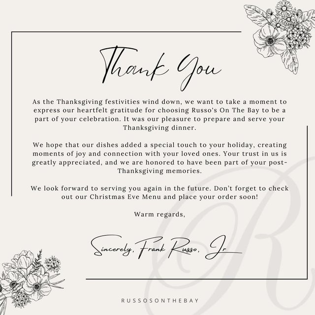 Thank you from everyone at Russo's On The Bay for 