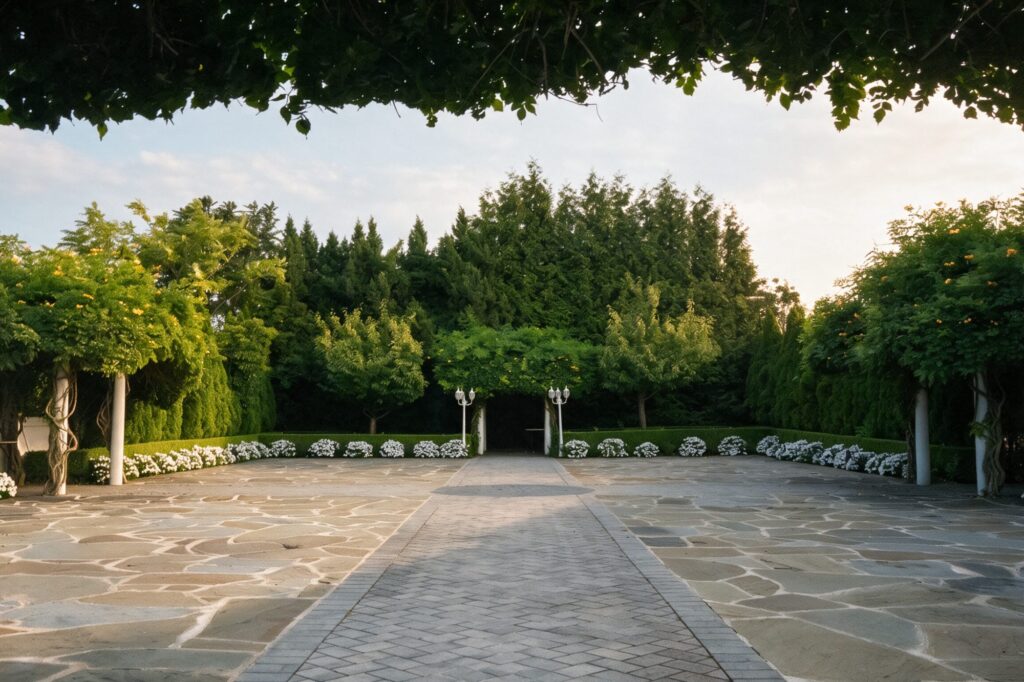 Russo’s Garden, a stone-paved courtyard ringed by trees and hedges